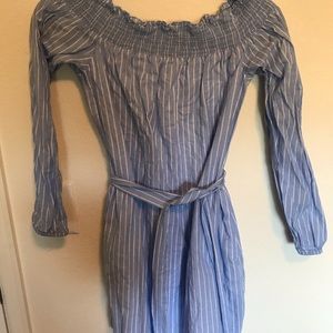 Off the shoulder blue/white striped mini dress